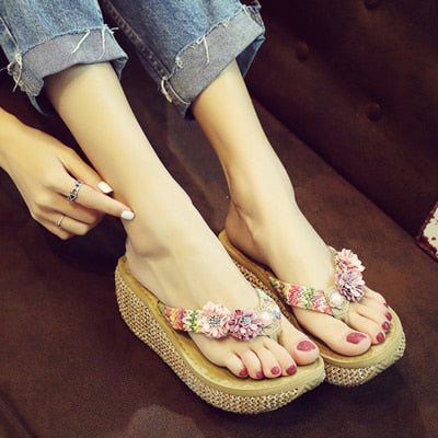 Flower Wedge Slippers